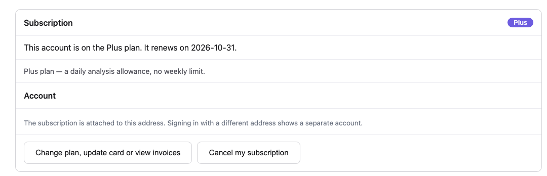 The Subscription card on the Account page, with the Change plan, update card or view invoices button and the Cancel my subscription button at the bottom